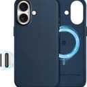 SHIELDON Genuine Leather Case for iPhone 17 6.3" 2025, [Camera Button Updated], Compatible with Magsafe, Magnetic Wireless Charging, Slim Fit, Shockproof, Metal Buttons & Camera Bump Frame - Navy Blue