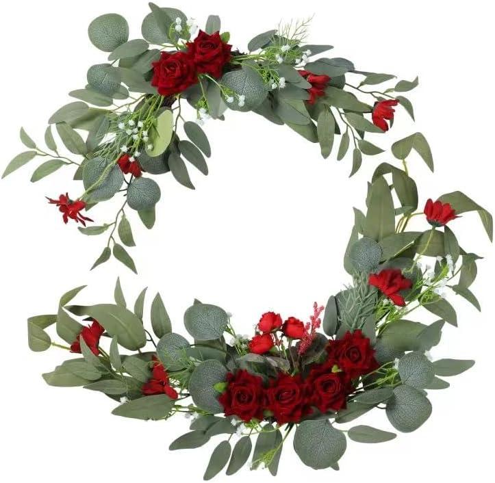 H&W 2pcs Small Size Artificial Wedding Arch Flowers for Wedding Sign, Floral Swag Dusty Decor for Reception Ceremony Backdrop Sweetheart Table Red Rose