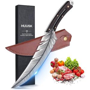 Huusk Japan Knife Feather Knife Hand Forged Viking Knife High Carbon Steel Butcher Knife Boning knife for Meat Cutting Japanese Chef Knives Cooking Knife with Sheath for Kitchen Camping Gift for Dad
