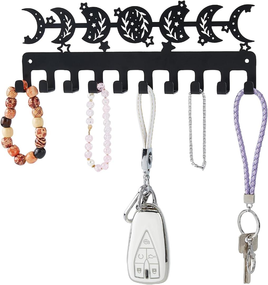 SUPERDANT Moon Phase Metal Key Hook Moon Phase Decorative 10 Hooks Black Key Holder Organizer Wall Hanging Hooks Personalized Keys Hanger Dog Leash Hanger for Home Wall Front Door