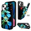 opPerfekt Compatible with iPhone 13 Wallet Case with Card Holder, 360° Rotation Finger Ring Holder Kickstand Protective RFID Blocking PU Leather Pattern Double Buttons Flip Cover 6.1" Blue Floral