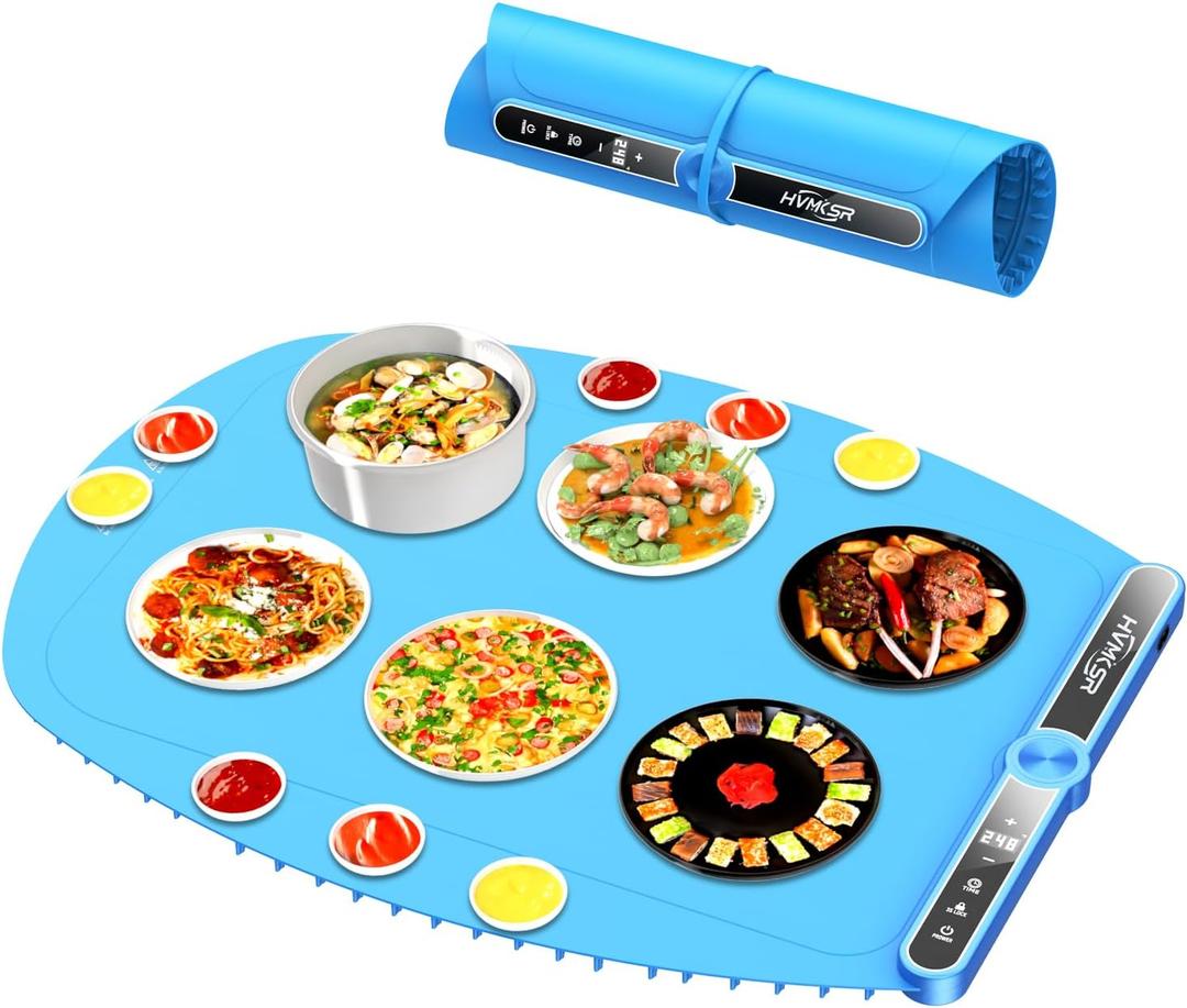 Extra Large Food Warming Mat - Fast Heating Silicone Electric Warming Tray with 9 Level Temperature, 6-Hour Timer, Child Lock & Anti-Scald Design | Portable Food Warmer for Parties Home Travel (Blue)