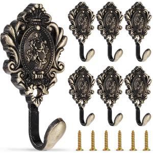 6 Pack Vintage Curtain Tiebacks Hooks Bronze Cast Iron Wall Decorative Coat Hooks Rose Pattern Carved with Screws for Towels, Curtains, Coats, Clothes, Keys, Bags in Bedroom, Bathroom