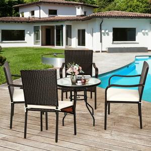 Set of 4 Patio Rattan Dining Chair Stackable Cushioned Armrest Garden, Brown Chairs & Beige Cushions