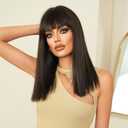 PARK YUN Black Bob Cut Wig with Bangs 18 Inch Short Straight Shoulder Length Natural Looking Synthetic Hair Heat Resistant Wig for Women Girls Daily Party Cosplay Halloween Use
