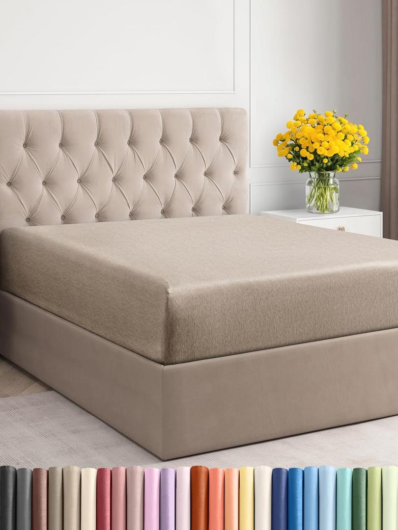 Queen Size Fitted Bed Sheet - Hotel Luxury Single Fitted Bottom Sheet Only - Fits Mattress Between 8 to 16 inches - Deep Pockets, Extra Soft and Wrinkle Free - Breathable & Cooling - Heathered Beige (Queen, 12 - Heathered Beige)