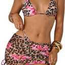 BEAUDRM Women's 4 Piece Cheetah Print Bikini Leopard Floral Bikini Sets Sexy Swimsuits with Skirt and Bandana Scarf (M)