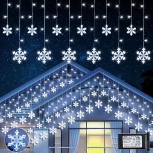 Qunlight Christmas Snowflake Icicle Lights,6.5ft 144LED Curtain Lights Outdoor with 12 Drops, 8 Modes Waterproof Connectable Fairy Light for Eaves, Garden, Yard, Indoor Outdoor Xmas Decor (White)