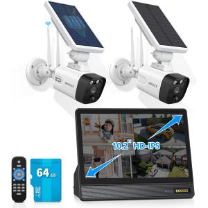 (Solar Battery 100% Wire-Free) PIR Detection 2-Way Audio Dual Antennas Outdoor Security Camera System with Monitor Wireless WiFi Home Security System Indoor Video Surveillance DVR Kits