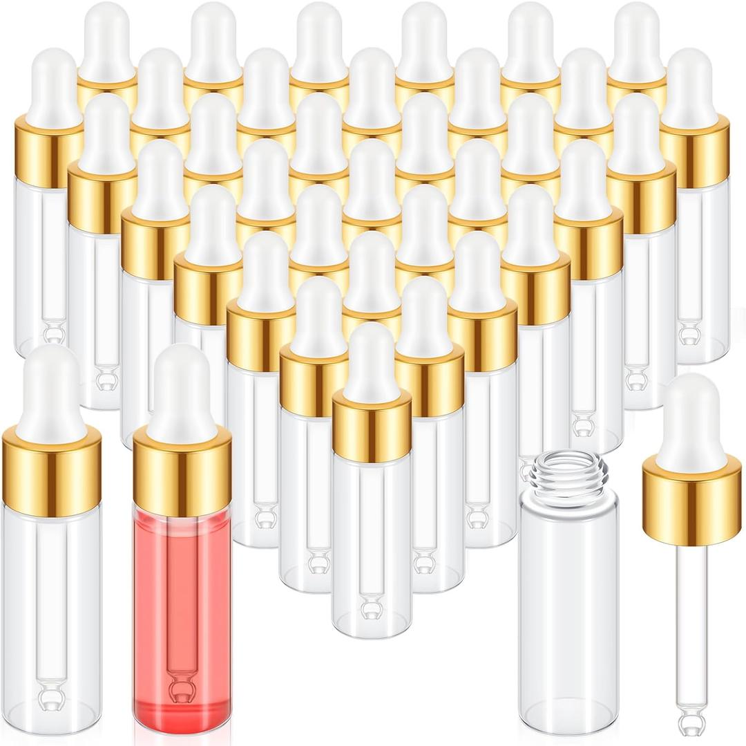200 Pcs Mini Glass Oil Dropper Bottle Bulk, Clear Essential Small Empty Bottles Sample Containers Perfume Liquid Vials with Cap for Traveling (5 ml, Gold)