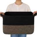 OIAHOMY Woven Storage Basket for Shelves, Rectangle Cotton Rope Baskets for Organizing, 16 x 12 x 10 in, Storage Bins for Dog Toys,Towel,Books,Gift,Black and Brown
