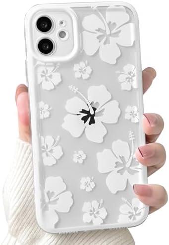 Lovmooful Compatible for iPhone 12 Case Clear Cute Floral Flower Hibiscus with Color Edge Design for Girls Women Soft TPU Shockproof Protective Girly for iPhone 12 Case-White