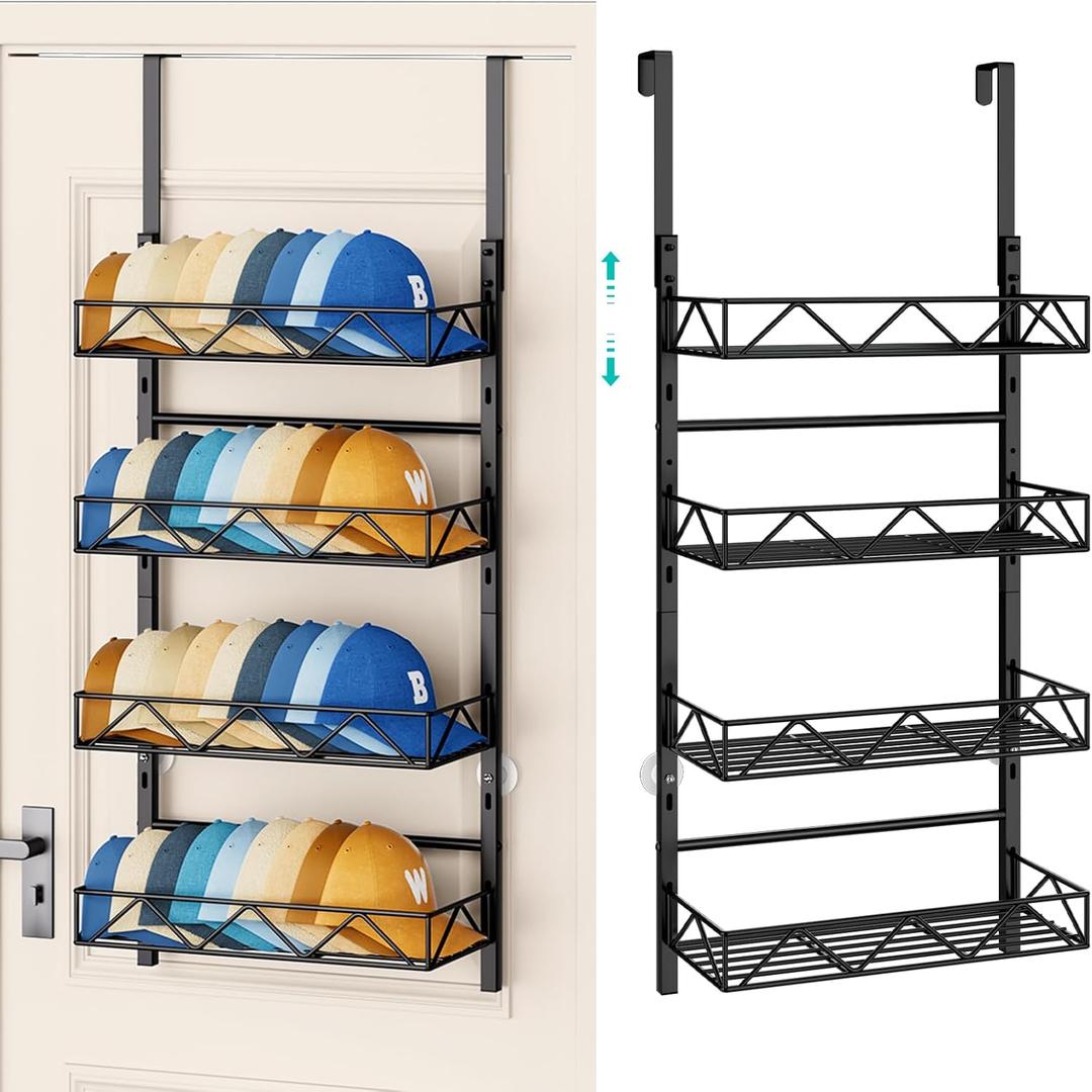 HapiRm Over the Door Hat Organizer - 4 Tier Wall Mounted Hat Rack with 4 Adjustable Metal Basket, Baseball Caps Organizer Storage Holds up to 40 Caps for Door, Bedroom, Closet (Black)