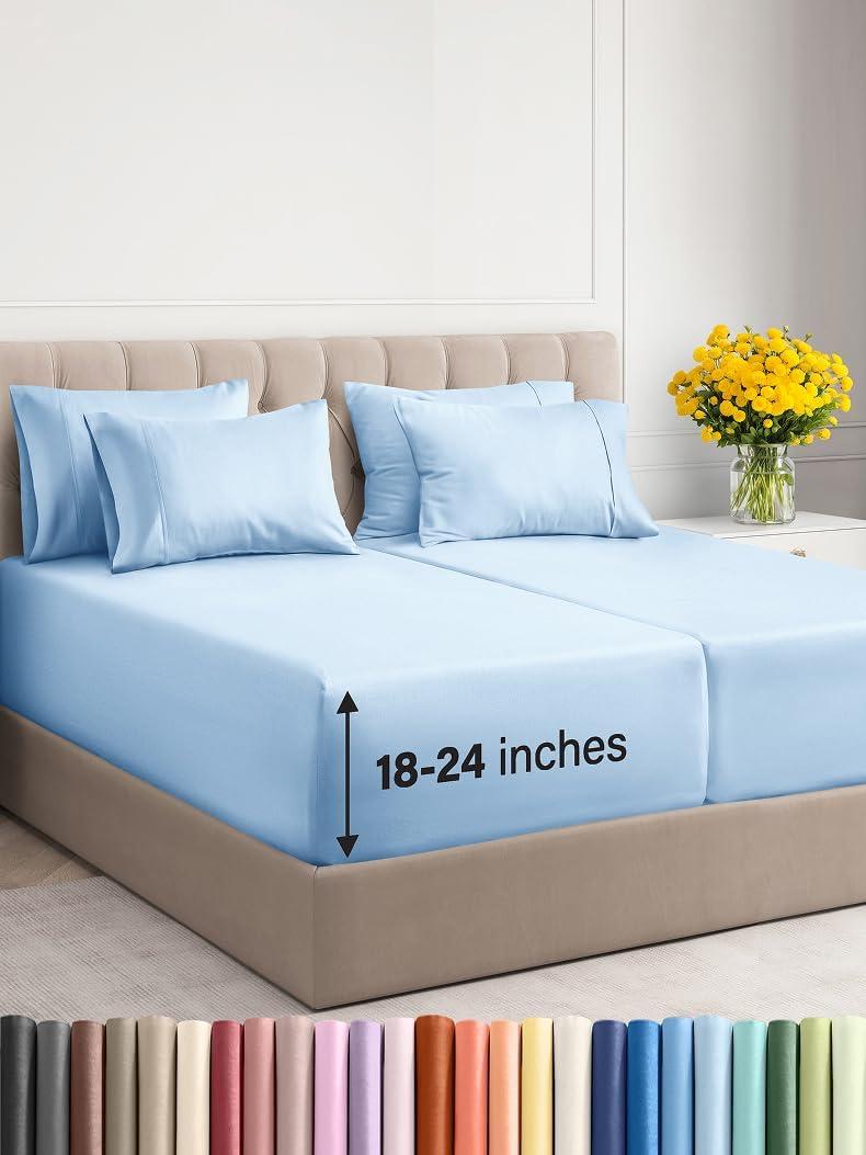 Extra Deep Split King Sheet Set - 7 Piece Breathable & Cooling Sheets - Hotel Luxury Bed Sheets Set - Easy Fit - Soft, Wrinkle Free & Comfy Sheets Set - Light Blue Sheet Set with Extra Deep Pockets (19 - Baby Blue)