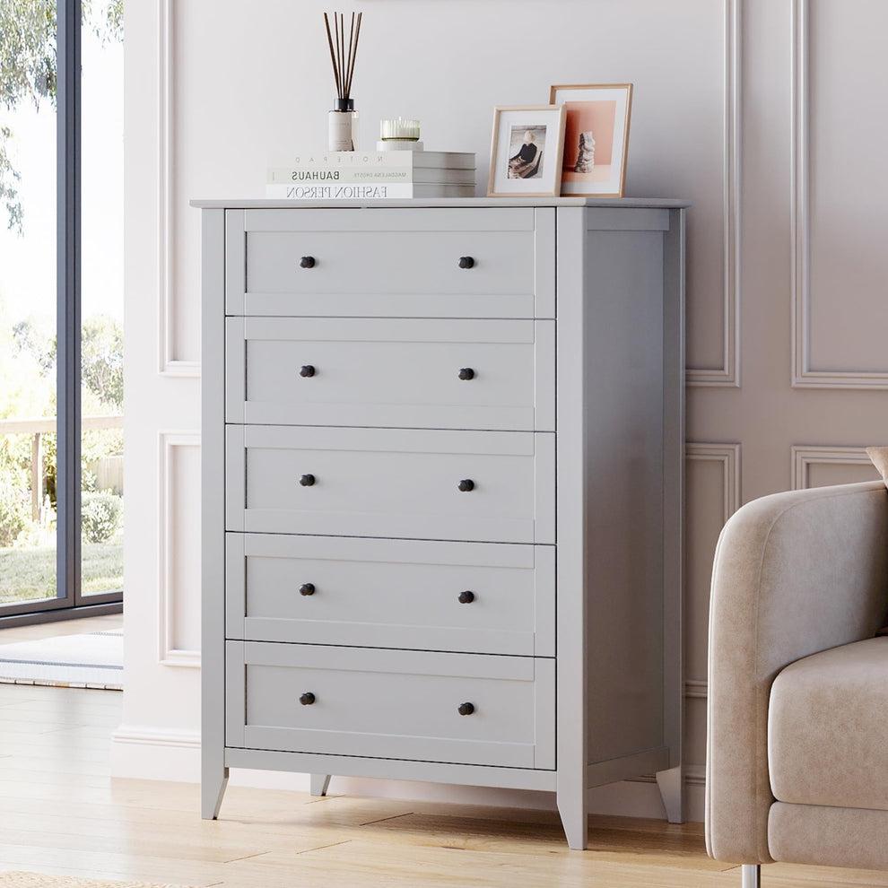 Garvee 5 Chest of Drawer Dresser, Modern Tall Nightstand with Deep Drawers and Nickel Round Handle, Wood Organizer Storage Cabinet for Bedroom, Living Room, Hallway, Grey