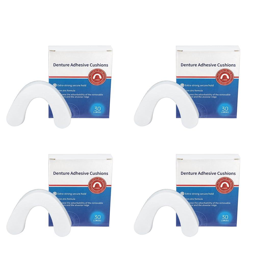 Denture Adhesive Cushion, 120 Pads(4 Pack) Zinc Free Long-Lasting Cushion Denture Adhesive Pad for Secure Hold and Food Seal Lower