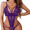 Avidlove Women One Piece Lingerie Deep V Lace Bodysuit Babydoll Teddy Underwear (Medium, 1 Purple)