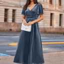 Simplee Women's Velvet Maxi Dress V Neck Short Sleeve Empire Waist Semi Formal Long Cocktail Dresses (Blue)
