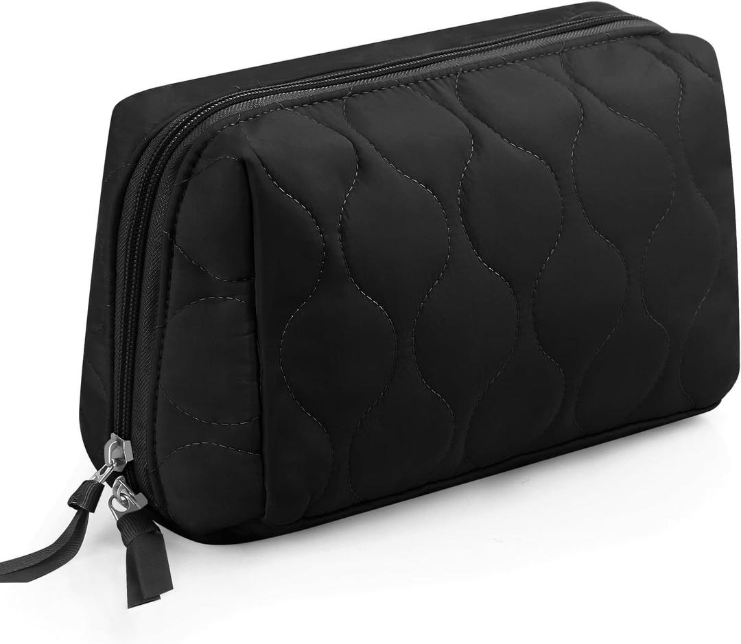 Travel Essentials Women's Makeup Bag, Lifestyle Products, Toiletries Organizer, Wide Mouth Fluffy Padded Women's Cosmetic Bag, Portable Large Capacity cosmetic organizer bag (black)