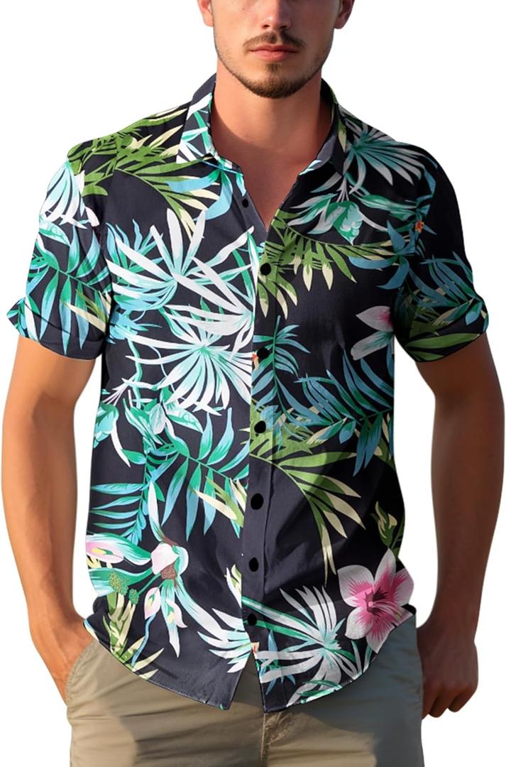 Yoimira Mens Hawaiian Shirts Short Sleeve,Print Mens Casual Button Down Floral Summer Beach Shirt (XXXL)
