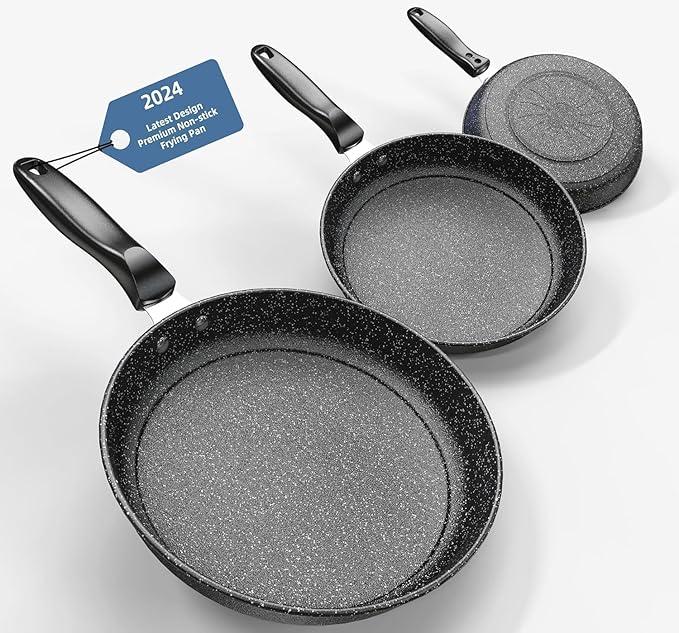 Nonstick Fry Pan Skillet Set, 10"+11"+12" Cast Iron Skillet 3 Pieces Set for Cooking, Professional Frying Pans Nonstick with Stay Cool Handle, PFAS-Free, Dishwasher Safe (KL1)