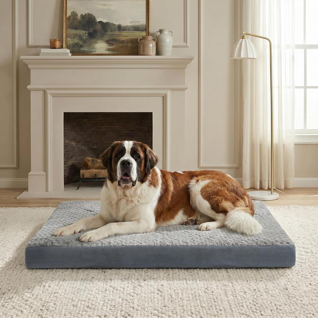 44" Indestructible Dog Bed for XXL Dogs – Chew-Proof Pet Mat with Double-Sided Plush & Waterproof Liner, Tough Crate Mat with Egg-Crate Foam Support, Indoor & Outdoor Use, Grey