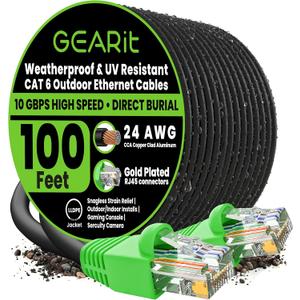 GEARit Cat6 Ethernet Cable 100ft, Direct Burial Outdoor Cat 6 Cable 24AWG High Speed Up to 10Gbps/550 MHz, LLDPE (PE) UV-Resistant Waterproof Jacket, CCA RJ45 Internet Cable for Router- Black,100FT