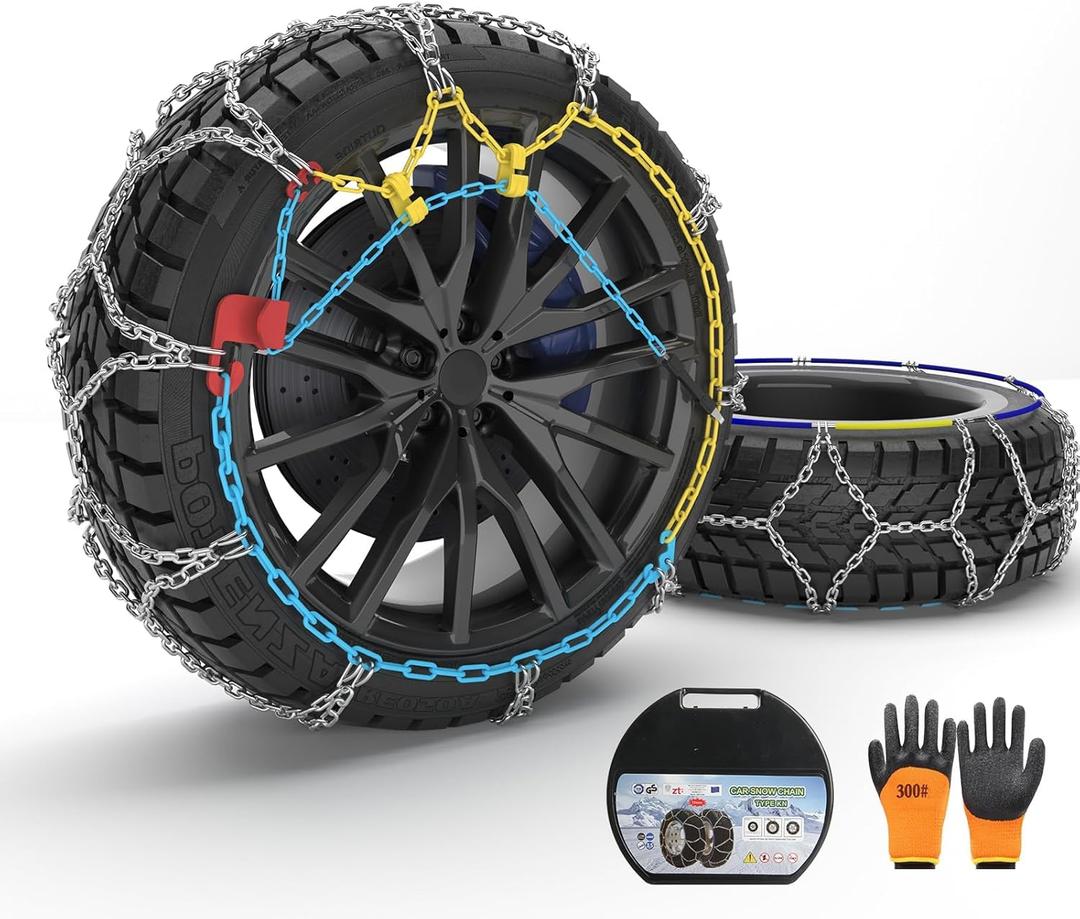 Snow Chains Universal Anti-Skid Tire Chains for Cars SUV Pickup, Full-Coverage Traction with Safety Lock System, Reusable & Storage Box (Set of 2, HKN130)
