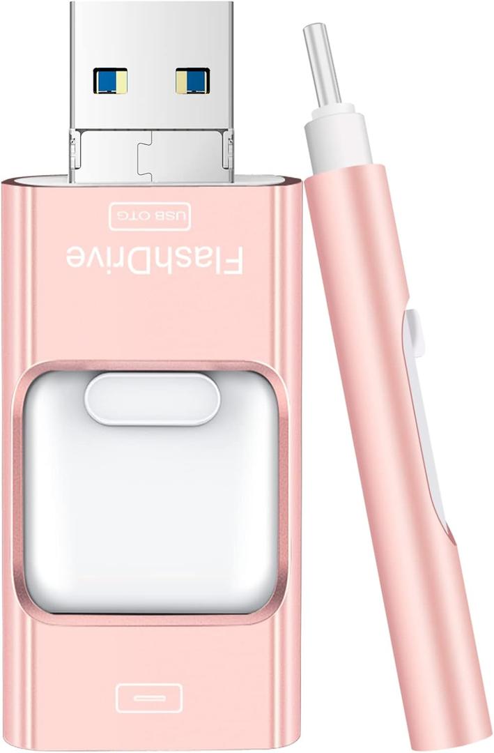 Flash Drive for iPhone 256GB, 4 in 1 USB Type C Memory Stick, Photo Stick External Storage Thumb Drive for iPhone iPad Android Computer, Rose Pink