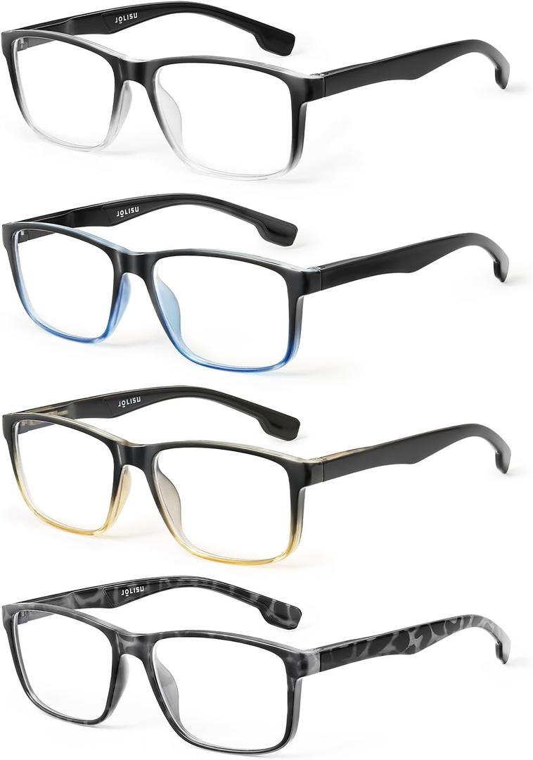 JOLISU 4 Pack Reading Glasses Men Blue Light Blocking with Spring Hinge, Anti Eyestrain/UV Large Wide Square Computer Readers (Multicolor)