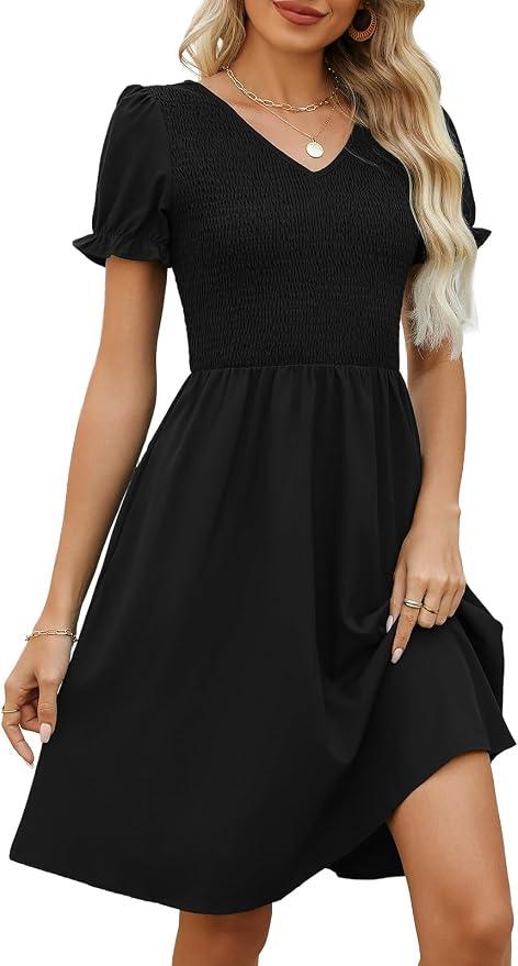 EeYu Women's Smocked A-line Dress 2026 Casual Summer Vacation V-Neck Short Sleeves Knee Length Dress (Large-Black)