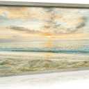 Coastal Beach Wooden Wall Art: Sunset Ocean Scenery Framed Picture Sea Wave Painting Modern Seaside Prints Seascape Artwork for Living Room Bathroom Bedroom (24"L x 12"W)