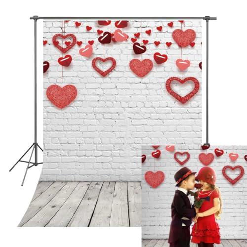 RUINI Valentine's Photography Backdrop Bokeh Red Heart Rustic White Brick Wall with Gray Wooden Floor Love Theme Party Decorations Banner 5x7FT