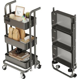 DTK Mini 3 Tier Foldable Rolling Cart, Metal Utility Cart with Lockable Wheels, Folding Storage Trolley for Living Room, Kitchen, Bathroom, Bedroom and Office, Black-Small