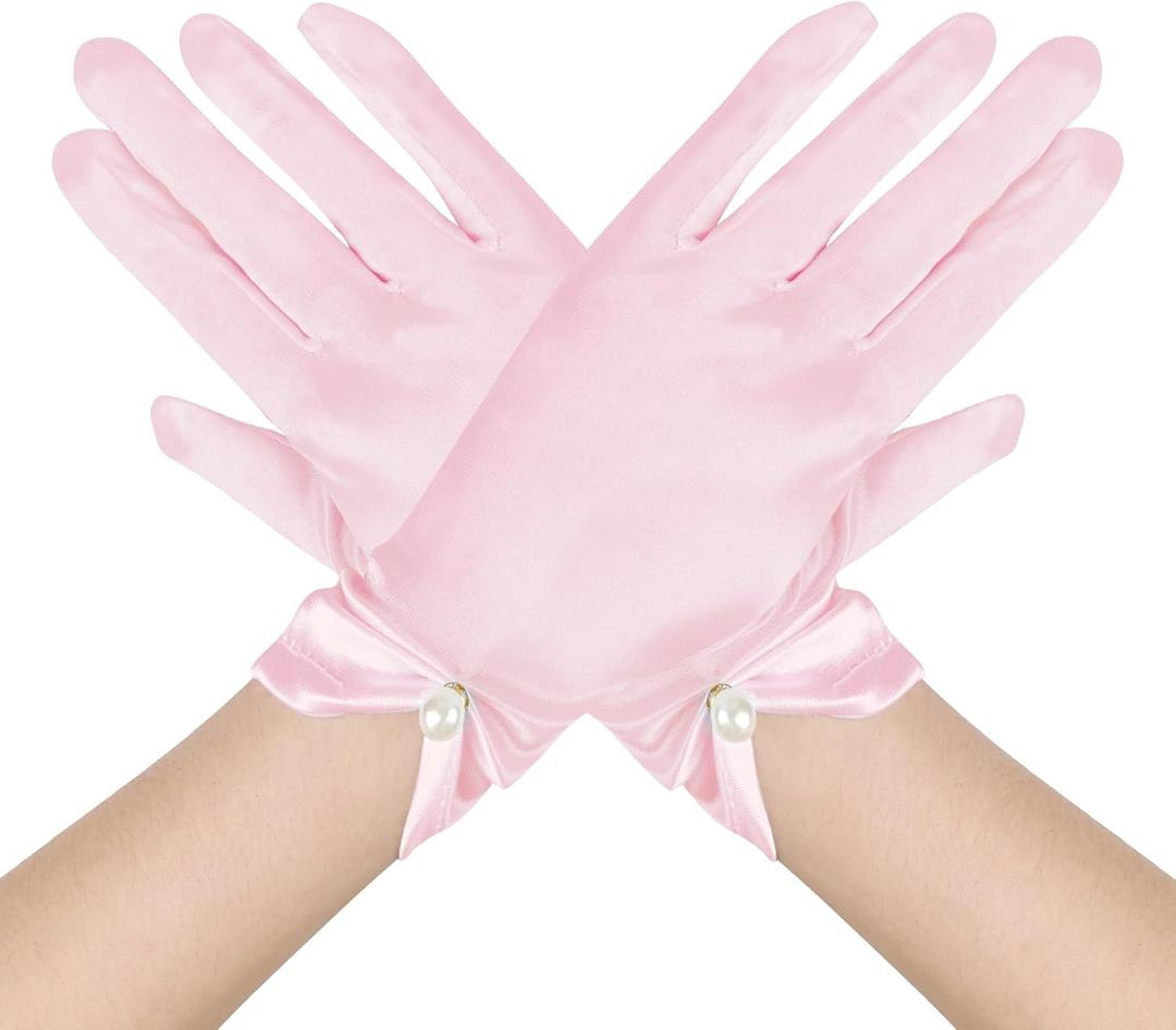 Tea Party Gloves - Short Satin Wedding Dinner Gloves with Pearl (Pink)