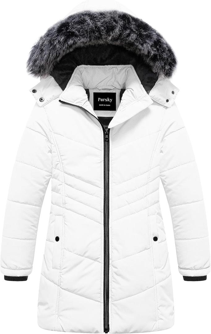 Pursky Girls' Warm Winter Coat Long Parka Fleece Lined Waterproof Puffer Jacket With Removable Hood (10-12, White)