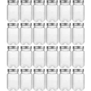 novelinks 16 oz Clear Plastic Jars with Lids, Refillable 16oz Mason Jars with Lids & Storage Containers for Kitchen & Household Use (24 Pack,Silver)