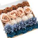Ling's moment Artificial Flowers Fake Silk Dahlia Faux Foam Roses Combo for DIY Wedding Bouquets Centerpieces Arrangements Bridal Shower Party Home Decorations, Navy Blue & Burnt Orange, 24pcs