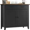 HORSTORS Kitchen Storage Cabinet, Modern Farmhouse Buffet Cabinet with Storage, Coffee Bar with 2 Drawers and 2 Doors, Floor Sideboard Buffet for Living Room, Dining Room, Bathroom, Black/Rustic Brown