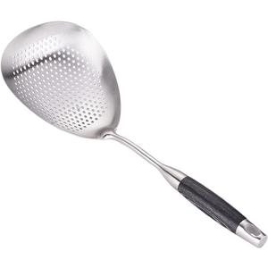 Skimmer Slotted Spoon - 304 Stainless Steel Mesh Strainer Spoon - 15in Large Slotted Pasta Spoon with Wooden Handle - Colanders & Food Strainers Spoon for Kitchen Cooking Draining and Frying (Medium)