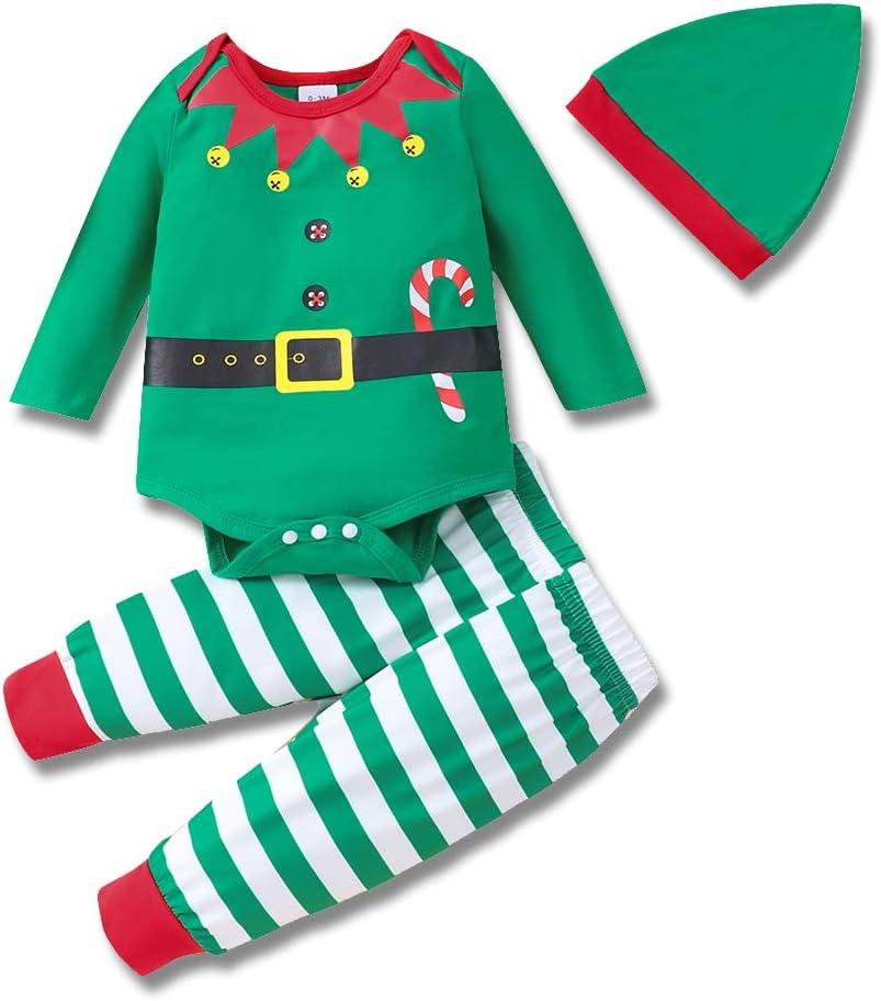 RETSUGO Newborn Baby 1st Christmas Outfit Elf Snowman Christmas Tree Romper 3pcs Set for Baby 0-24months