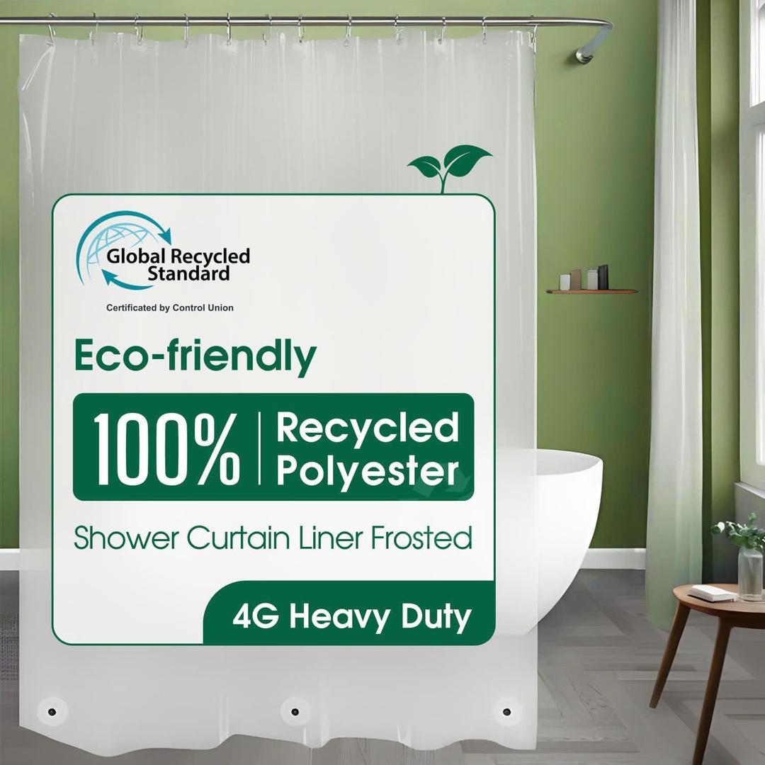 Bowery Home Eco-Friendly Recycled Polyester Shower Curtain Liner  Waterproof, Sustainable, Non-Toxic Shower Curtain Liner, with Rust-Proof Grommets, NOT Made in China - 72x72IN, 4G  Frosted