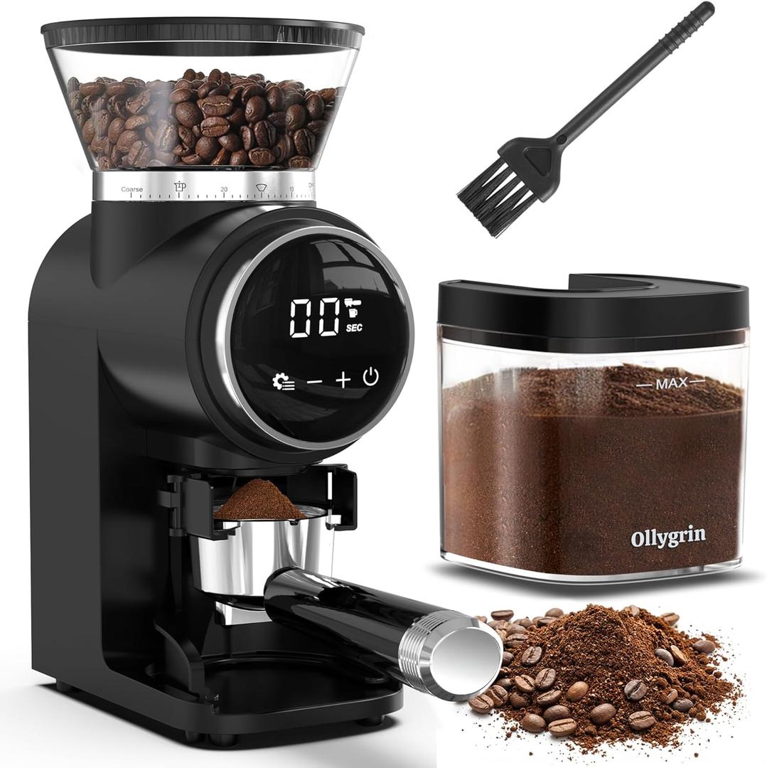 Ollygrin Conical Burr Coffee Grinder Electric, Compact Coffee Grinder for Home Use,Burr Mill Grinder with 30 Precise Grinding Sizes, Touch Panel, Removable Burr & Coffee Container, 2-12 Cups, Black