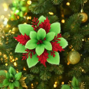 Zeyune 15 Pack Green Poinsettia Flowers Glitter Artificial Christmas Poinsettia Decor 5.5'' Plush Flowers Picks with Clips and Stems DIY for Xmas Tree Wreath Holiday Home Party Decor(Green Red)