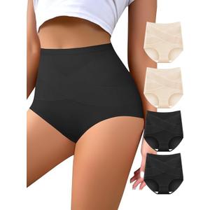 Women's High Waisted Underwear Slightly Tummy Control Cotton Panties Full Coverage Postpartum Briefs 4 Pack (Large, Multicolor-black&rose Beige)