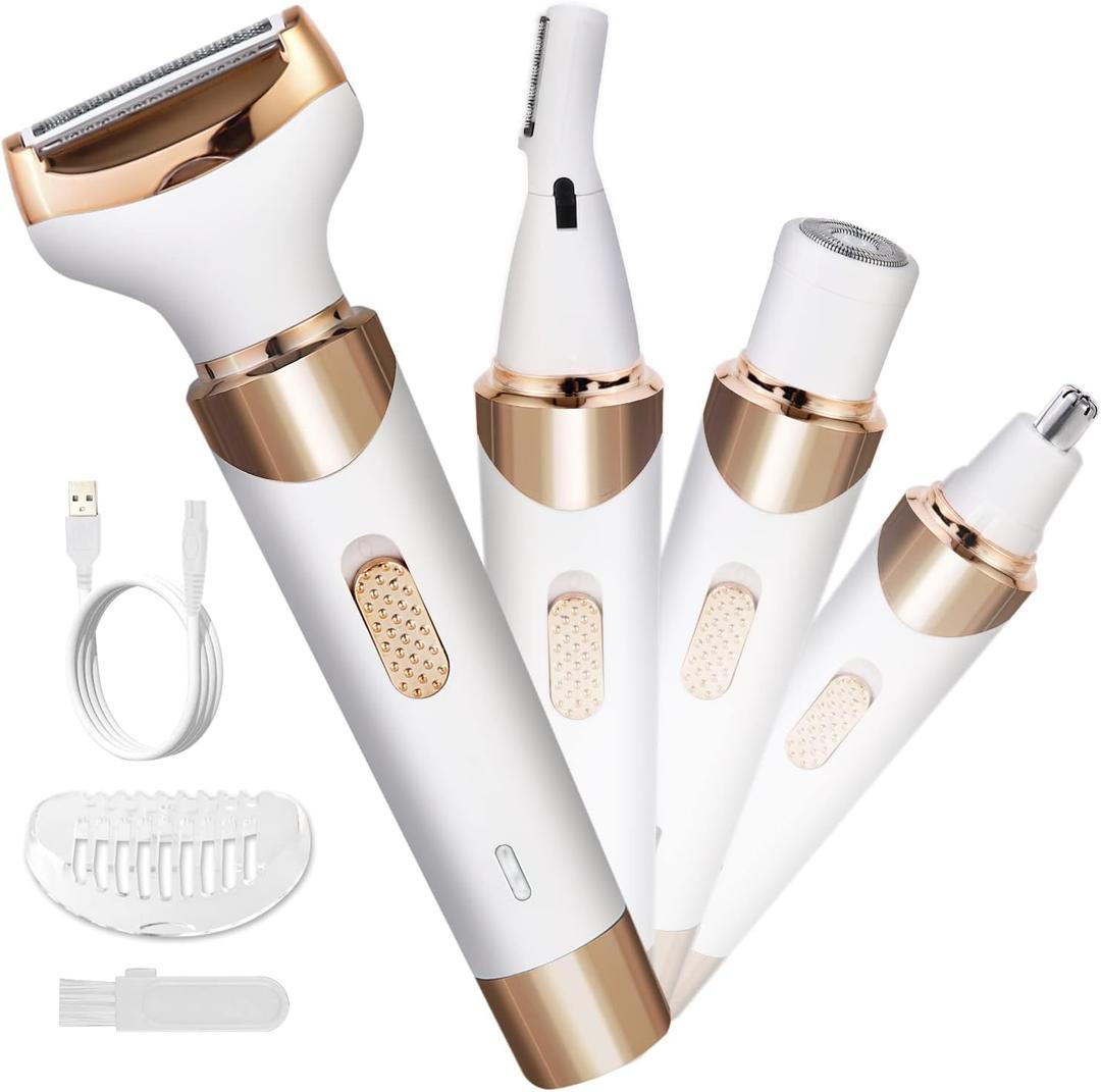 Electric Razor for Women Bikini Trimmer, MKIOVH Women's Cordless Portable 4 in 1 Painless Shaver, for face Legs Brows Nose Detachable Head USB Rechargeable Hair Trimmer (White) (White)