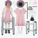 SOMSOC 13 Pcs Old Lady Costume for Kids Girls 100th Day of School Grandma Costume Granny Dress with Shawl Wig for Cosplay 5-7Y