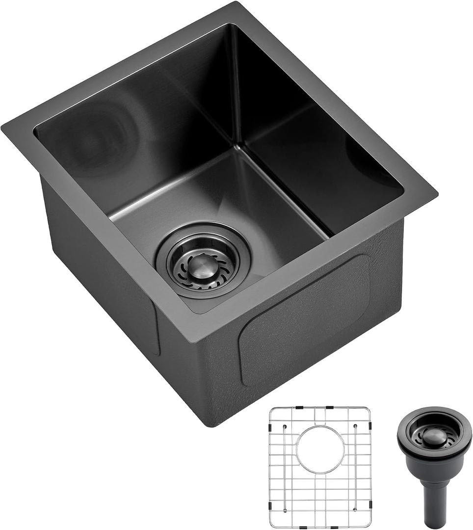 13x15x9 Inch Undermount Kitchen Sink, T304 16-Gauge Stainless Steel Single Bowl, Soundproof Brushed Finish, for Kitchen Bar & RV, Includes Drain & Grid