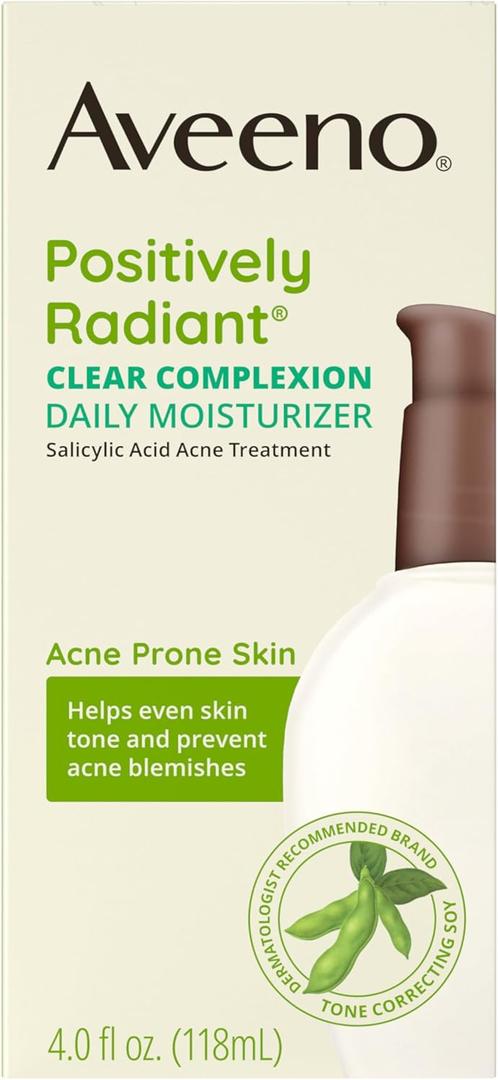 Aveeno Positively Radiant Clear Complexion Face Moisturizer, Acne Facial Moisturizer with Soy and Salicylic Acid for Oily Skin, Hypoallergenic Formula, Paraben-Free, Non-Comedogenic, Pump, 4 FL OZ