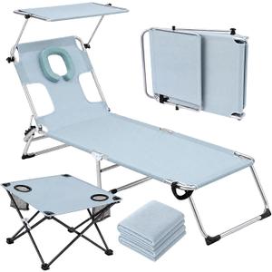 Karenhi 4 Pcs Tanning Chair Set with Canopy Shade Face Hole Includes an Adjustable Sun Lounger Chair, Portable Beach Table, and 2 Pcs Replacement Towels for Outside Sunbathing Poolside(Blue), 35.43" x 68.90"